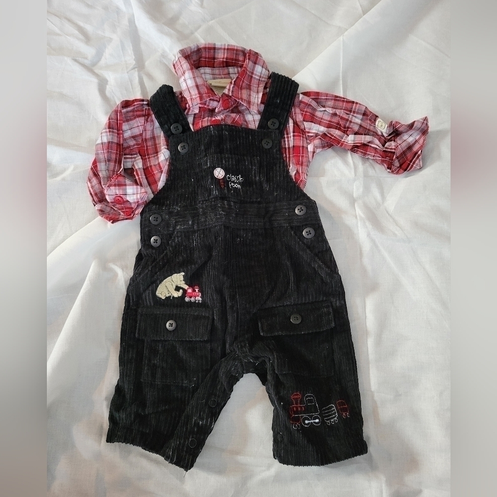 Disney Winnie the Pooh vtg 2pc train black corduroy, red plaid, overall set 3m